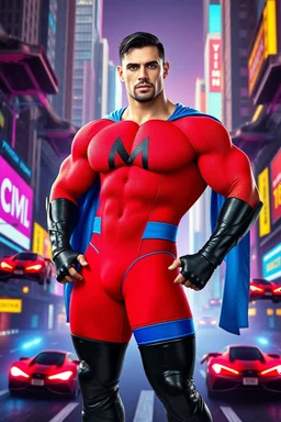 An extremely muscular, athletic man with a short, black hair, blue eyes, goatee, wearing a bright red, textured formfitting bodysuit, wearing blue trunks on the outside of the bodysuit, a black leather, knee-high black leather boots, black wrist gauntlets, blue cape, with a black Capital letter "M" on the chest, posing against a futuristic cityscape, Neon-lit, Extremely colorful, Flying cars