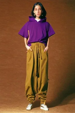 year 1998 women fashion. Loose, baggy, low waist Combat pants, t-shirt, new kind of hoodie with tippet! Colors: denim blue, blue, purple, cream, khaki, light green, lilac, plum, orange, terracotta, red, light yellow, lion yellow, pink, dark blue, beige. Lynx-pattern, Sturnus vulgaris-print. wide belt. Partly latex or leather. Kylie Minogue, Tyra Banks. leg warmer. Cargo pants and hoodie!