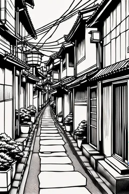 Japanese alleys, greyscale, thin line arts, manga style