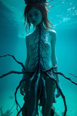 Underwater, girl, fullbody, his skin turned translucent revealing a network of black veins that extended like roots, ragged clothes, many legged slimy creature with creepy spindly legs, 8k, macro photography,