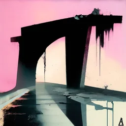 A desolate concrete road with steps to a bridge. In the style of Justin Mortimer and Phil Hale. Minimalist contemporary painting with rough brushstrokes.