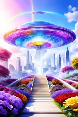 Ufo rainbow, futuriste ultra moderne,stairway to heaven,crystal very beautiful city,flowers garden,angels