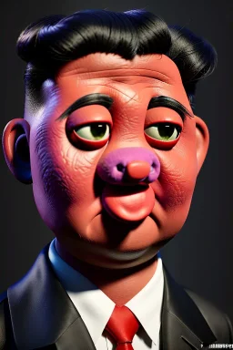 Waist up muppet Portrait, Kim Jong-un muppet doll, black suit, photo studio, red background, unreal engine 5, concept art, art station, god lights, ray tracing, RTX, lumen lighting, ultra detail, volumetric lighting, 3d.