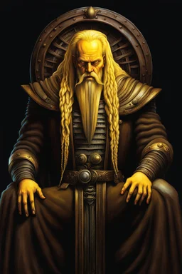 man big man in dark brown travelers cloth. he has long, unruly yellow hair and unruly yellow beard. h. r. giger. show all of the head. anatomically correct hands. perfect hands. fantasy setting. concept art, mid shot, intricately detailed, color depth, dramatic, 2/3 face angle, side light, colorful background. Style of Michael Whelan