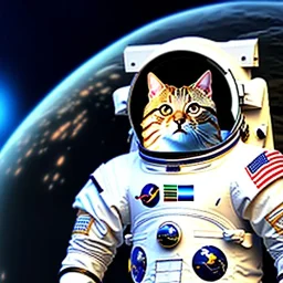 Cat wearing space suit, no helmet, standing in spaceship, earth in background, 8k, unreal engine 5,high res.