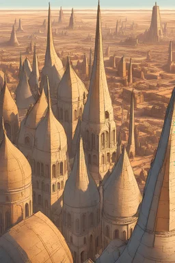 A breathtaking view of a vast and ancient city, basking in the warm glow of a setting sun. The cityscape stretches out as far as the eye can see, adorned with towering spires and intricate archways, all constructed from a shimmering, metallic alloy. The buildings seem to twist and turn organically, defying any sense of symmetry or order. Gigantic statues of long-forgotten rulers and mythical creatures stand sentinel at every intersection, their details etched into the gleaming metal like intrica
