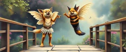 two totally symmetric dancing fluffy angel gremlin wolf bumblebee nice cheerleader singing on bridge pointing down in garden , full body portrait T-pose strong aura, oil painting and air brush