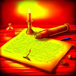 A old parchment scroll laying on wooden desk with a quill and a bottle of ink. Magical. Epic. Dramatic, highly detailed, digital painting, masterpiece