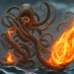 Digital art of a kraken with a skull head, fire, war, HD, ultra realistic, detailed, centered, symetrical