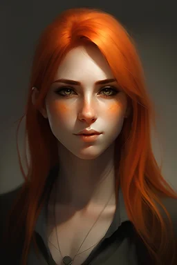 A woman with straight orange hair, brown eyes, and sharp features And strong