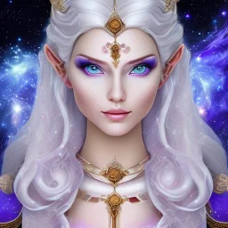 cosmic mage, elf, female, battle mage, epic, cosmic magic, long ears, white hair, face details, pale skin, jewellery, broad shoulders, sharp ears, cosmic clothes, cosmic eyes, ears shown, light out of eyes, the cosmos in eyes, stars in eyes, shining eyes, non human face, thin face, animation, detailed ears, magical eyes, non realistic, closed mouth