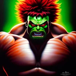 Ultra detailed fullbody Portrait in oil on canvas of Street Fighter- Blanka,extremely detailed digital painting,ultrarealistic skin,intense stare, extremely detailed face, crystal clear eyes, mystical colors ,perfectly centered image, perfect composition, rim light, beautiful lighting,masterpiece ,8k, stunning scene, raytracing, anatomically correct, in the style of Simon Bisley and Ohrai Noriyoshi and robert e howard and Steve Jung and frank frazetta.