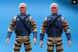 A Single Mike pence g.i. joe toy doll With a Laser gun space force Blue cloth uniform, fluorescent orange, whole body wide view, black moonboots