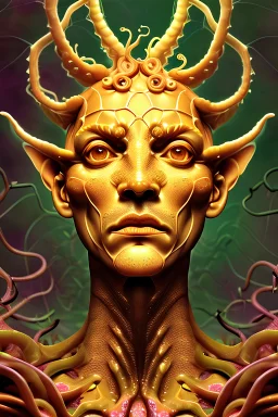 godlike figure made of corn and scales, evil, front view, golden ratio, mechanical, contorted, distorted fractal statue, vines, dotted tentacles, sequined, DMT, demonic, bloody, astral journey, biomorphic visionary psychedelic mushrooms, garden, majestic, garden, spiritual magic, mystical energy, face of god, Salvador Dali, H.R.Giger, René Magritte