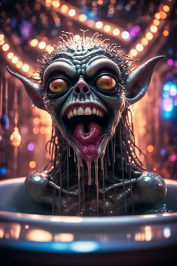 portrait through dirty warped lens of ultimate transcendent happy disco ball pimp giger gremlin vampire alien frown with spotlights and huge dripping tounge sticking head out of a bathtub portal, in front of space portal dimensional glittering device, bokeh like f/0.8, tilt-shift lens 8k, high detail, smooth render, down-light, unreal engine, prize winning