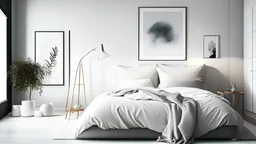 Scandinavian interior design of modern bedroom with big art poster frame.