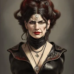 painted portrait of evil witch in black leather, angry, strong, volouptous, chesty, cleavage, intricate, elegant, highly detailed, digital painting, artstation, concept art, smooth, sharp focus, illustration, art by gaston bussiere and alphonse mucha