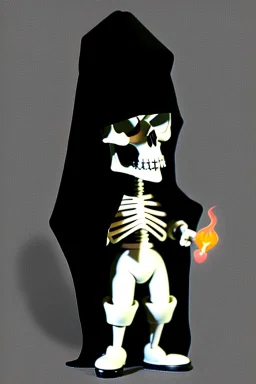 1950s goofy vinyl toy of a skull face character wearing a black hooded cloak, drawn in a early animation rubber hose animation style, inside a lighter diamond shape on a black background, monochromatic