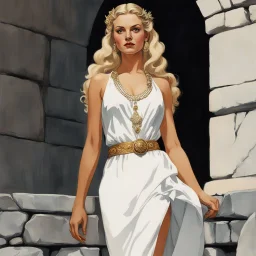 the Slavic goddess girl youthful Zorya Utrennyaya (Dawn/Morning): illustration by Norman Rockwell and Helmut Newton for American Gods (2021), the Slavic goddess girl, blonde with her strands, clear eyes, full figure standing, a flat stone background