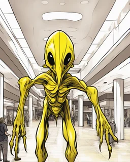 Distorted large yellow insectoid alien black eyes, in a mall, sci-fi art, graphic design, digital illustrated scene, alien art, high strangeness, absurdist, cartoonists