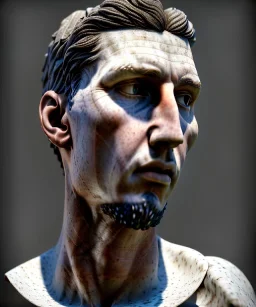 Ultra Realistic image, roman sculpture, marble deluxe material, Angel di maria soccer player, Greece Laurel crown, miguel angel style, chisel style, emperador, waist up portrait, cinematic lighting, God light, god rays, 4k resolution, smooth details, ornate details, soft lighting, unreal engine 5, sky background.