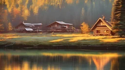 A rustic cabin nestled on the edge of a pristine forest lake, its wooden walls weathered by time. The soft morning light bathes the scene, casting a golden glow. Smoke lazily rises from the chimney, and a vintage rowboat rests by the shore, inviting adventure.