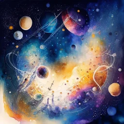 A watercolour painting,An orchestra of celestial bodies, where planets, stars, and galaxies form musical notes in space. The symphony of light and sound blurs the boundaries between the vast cosmos and the inner world of imagination.