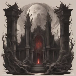 Generate a visually striking artwork that depicts an altar of blood and vampirism drawing inspiration from dark mythology and biblical references. Incorporate elements of chaos, destruction, and a foreboding atmosphere.