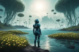 young woman in an android suit standing on the shore of an alien sea. Floating forests with dandelion tops in the distance