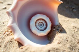 beautiful macro photography, close up of a pastel-colored fractal spiral of a large turban shell laying on the rough sand of a beach, moist and glinting in the sun, intricate fractal pattern, Fibonacci sequence spiral, sun glare effect, perfect nature photography, shadows