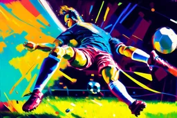 Oil painting, football match, the striker is kicking a goal, the ball is flying, bright but not neon colours, dynamic lines, dynamic blobs, spots, lines in the background of the character, like a colour explosion, A visually striking piece filled with dynamic brushstrokes, reminiscent of the impasto technique used in Vincent Van Gogh's Post-Impressionist paintings. The composition features bold colors and unblended strokes, creating a sense of depth and movement that defies traditional art style