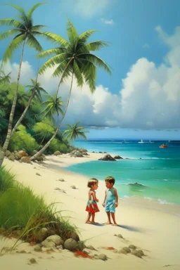 tropical beach two childeren paining neoclassism