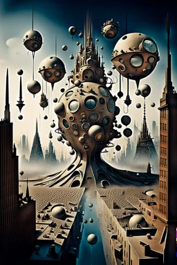 a stunningly weird image of a futuristic metropolis using Salvador Dali's paranoiac-critical method, where buildings and structures appear to melt into the skyline cityscape is filled with floating balls and triangles and mad, twisted sharp metal shapes that interact with the buildings and each other, forming a surreal tableau of a dreamlike reality. neu-steampunk vibe, essence of the scene in a cinematic manner, with dramatic shadows that enhance the distorted perspectives and bizarre