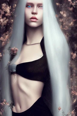 A beautiful young woman with long white hair and blue eyes, pale skin with opal freckles. Wearing a black dress