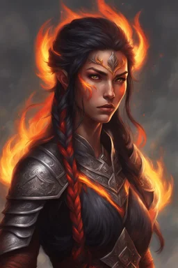 Picture a fierce eladrin druid with blazing jet-black hair, half braided and half down, emitting flames as she conjures fire with her hands. Her eyes shine bright red, and a big scar on her face tells of battles fought. Clad in light armor, she embodies strength and elemental mastery, with her flaming hair adding to the intensity.