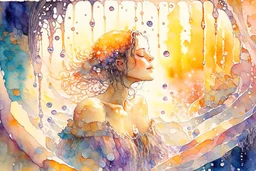 woman in bubblebath, wet on wet + sunrise, petals, watercolor patchwork by Daniel Merriam, Josephine Wall. elegant beautiful watercolor aquarelle