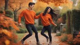 Hyper Realistic Photographic-View of a Handsome Muscular Man With Orange-sweatshirt-&-black-Jeans-&-short-black-hair dancing-romantically with a beautiful-young-woman-with-maroon-shirt-&-black-Jeans-&-long-black-hair in an autumn-garden-with-orange-leaves-whirling with-cloudy-moonlight at-night showing dramatic & cinematic ambiance.