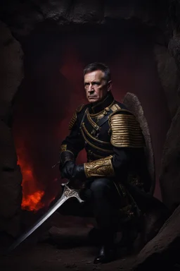 portrait of a 50 year old military commander. Cruel expression, dark crew cut hair, dark fantasy