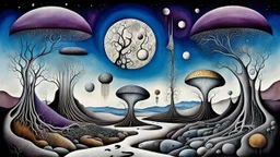 whimsical weird bizarre shapes on sky and on eart in weird whimsical landscape, neurodivers minds, two long thin bridges, surreal vibe with abstractions, around surreal cracked painted weird land with rocks, trees, two moon, deep dark purple, gray, black, white, brown pale blue colors. style of Chagall , of Minjae Lee and Tim Burton, absurd beauty picture. weird bizarre absurd, nightmare, big neuron network clouds background and thin bridges, too big, too elongated shapes, psychedelic dreams