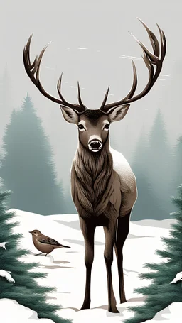 Nature-inspired Christmas: Illustrate beautiful nature scenes with a touch of Christmas, such as snowy landscapes with deer, birds perched on festive branches, or a peaceful cabin in the woods adorned with Christmas lights, outline, white and black