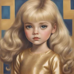 1970s, blond Little girl si in gold, long hair , dancibg at the disco , in the style of Margaret Keane