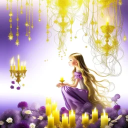 temática de princesa rapunzel fondo blanco y morado , luces flotantes ,flor mágica , sol castillo guirnaldas doradas estrellas