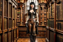 a full-length pale dark-haired woman with a straight bob hairstyle with a fringe, in a steampunk leather outfit, and gloves, standing in a steampunk library