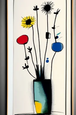 Pen, sketchy ink and oil transfer minimalist print of flowers in a vase in colours in the style of Paul Klee
