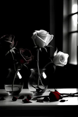 lastimarse con los tallos de las rosas, tiene q ser una imagen en blanco y negro con excepcion de las rosas y la sangre que tienen q ser rojas, darle un estilo sombrio con Edward Hopper