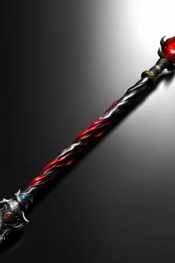 A sorceress evil staff that is a mix colors of red and black crystals and sharp