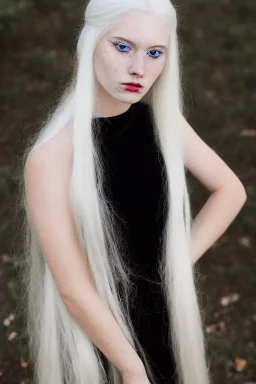 A beautiful young woman with long white hair and blue eyes, pale skin with opal freckles. Wearing a black dress