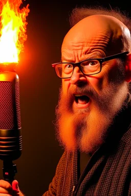 Firestarter animateur radio hardrock with a microphone. He has no hair. He has a beard. Je has glasses. He's about 50 years. Seems angry. Flames all around