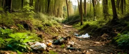 littering in nature, forest clearing, dirty, waste everywhere,