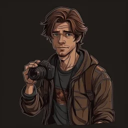 Brown haired man with a scar on his face casual 90s clothes and a camera grimdark realistic art